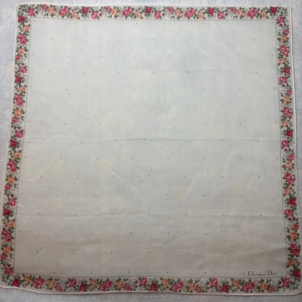 CHRISTIAN DIOR Scarf Handkerchief Floral Rose Cotton White 18.5" Vintage